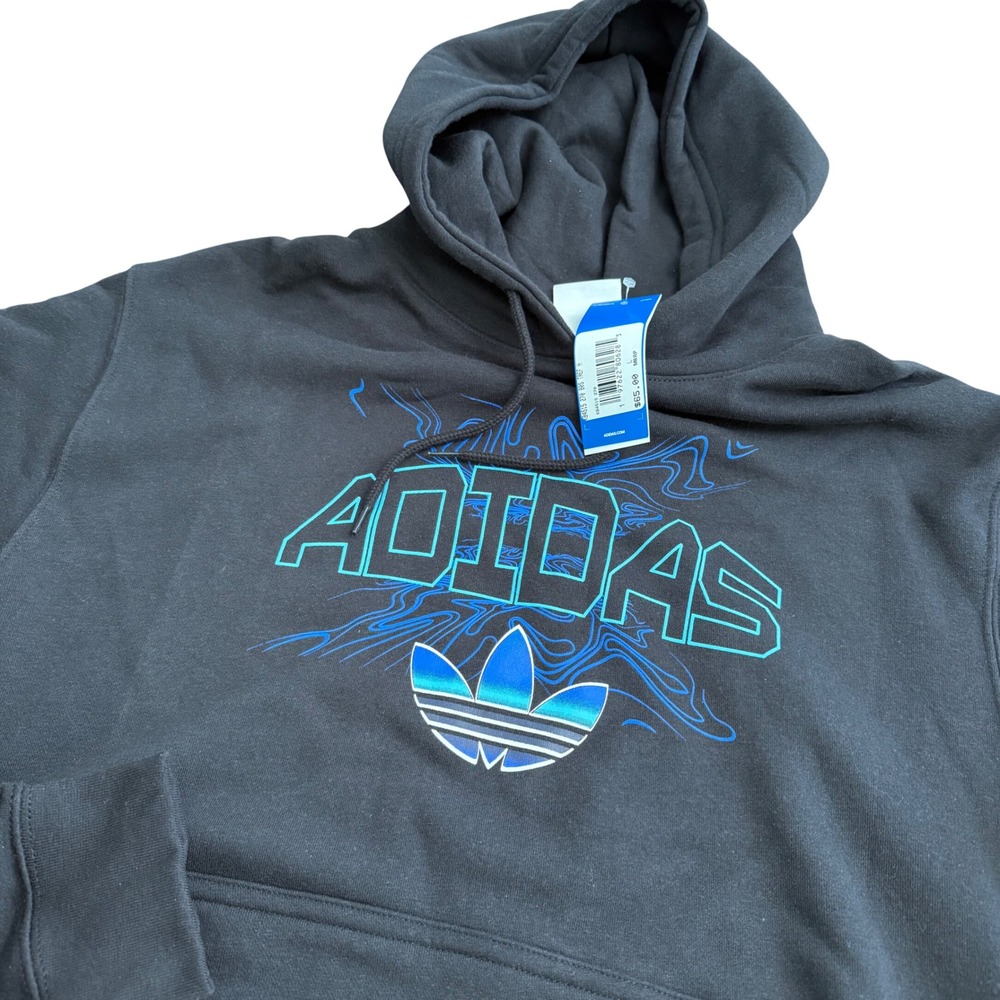 Adidas Originals Mens Trefoil Graphic Hoodie Black Blue Teal Pullover L‎ HI2974